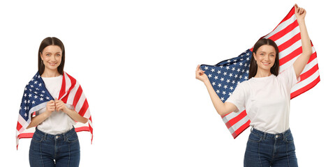 Obraz premium Woman embraces american flag, radiating pride and joy. Celebration of usa 250 concept, PNG