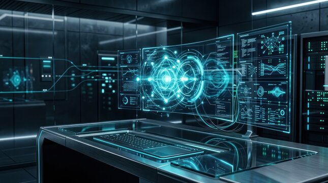 Futuristic computer interface with data visualization and high tech display