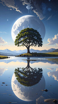 Lua cheia, ?rvore e reflexo