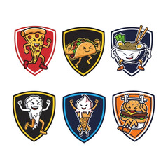 Obraz premium Fitness Food Characters: Pizza, Taco, Ramen, Ice Cream, Burger Icons on Shields