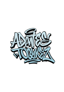 Stylized graffiti lettering vector illustration with light blue fill and thick black outlines isolated on a white background, urban street art typography featuring hand-drawn tags and shadows.
