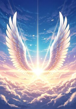 Divine Angelic Wings Spreading Light in a Heavenly Sky at Sunrise