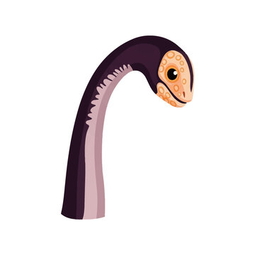 Stylized vector illustration of a gooseneck barnacle or sea creature with a curved purple and pink neck, featuring a textured orange face and large eye on a white background.