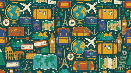 Vibrant seamless travel pattern with global adventure elements and iconic world landmarks, perfect for vacation themes © Rheyna
