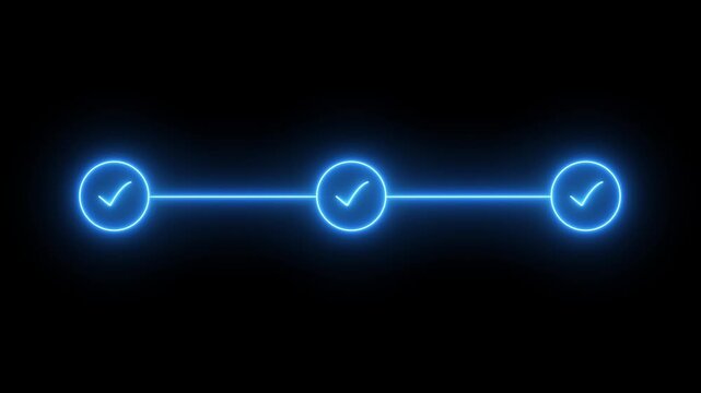 neon 3 step infographic process with check mark icon. infographic step by step process icon animation Neon blue progress bar with three glowing checkmarks animation on black background, loading status