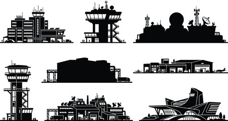 Obraz premium Airport and Industrial Infrastructure Silhouette Collection with Transportation Buildings