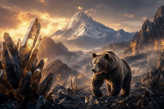A large grizzly bear walking through a mountainous landscape with crystals.