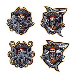Obraz premium Pirate Captain Emblems with Shark and Kraken - Set of 4