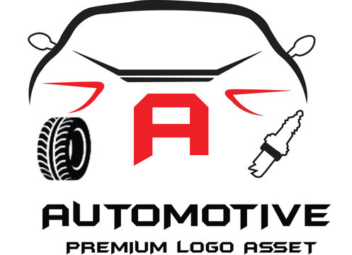 Automotive premium logo asset with car, tire, and spark plug