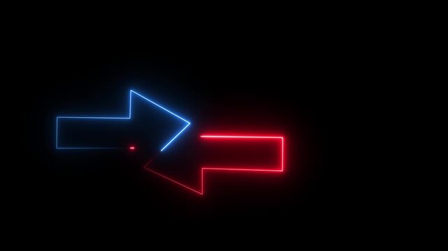 Neon blue and red arrows. Glowing left and right pointer signs on black background. Direction arrow symbol for black screen background. Neon illustration arrow icon.4k video.
