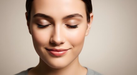 Fototapeta premium Close up portrait of a young woman with natural makeup and closed eyes