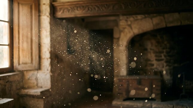 Dusty old room with fireplace and window.