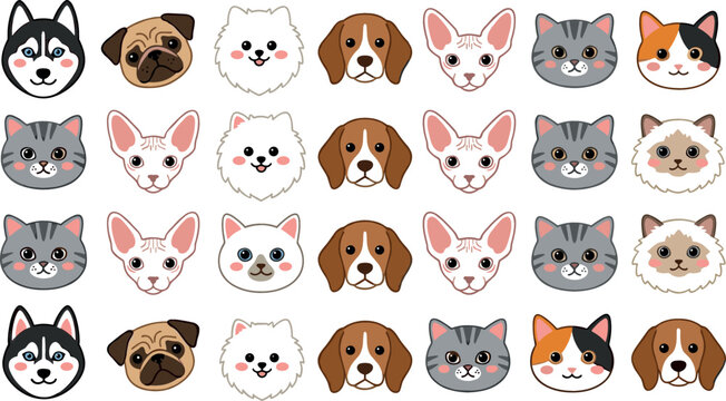 Cute Cartoon Dog and Cat Avatar Pattern Collection Featuring Husky Pug Beagle Pomeranian Sphynx and Tabby Kittens for Pet Shop Stickers and Graphic Designs