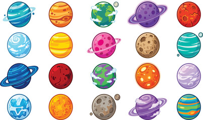 Premium Vector Collection of Cartoon Planets and Space Objects. Diverse Solar System Icons Featuring Colorful Worlds, Rings, and Moons for Educational Projects, Apps, and Games Design. © Masum