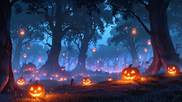 A mystical Halloween scene featuring carved pumpkins glowing in a dark forest illuminated by floating lanterns, evoking a sense of magic and mystery in the autumn night.