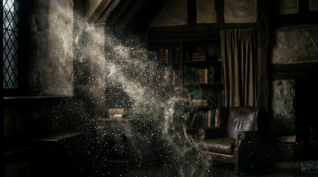 Spooky old library with ghostly figure.