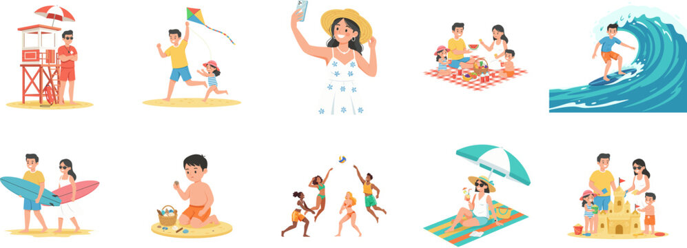 People Enjoying Beach Activities, Summer Vacation and Family Fun