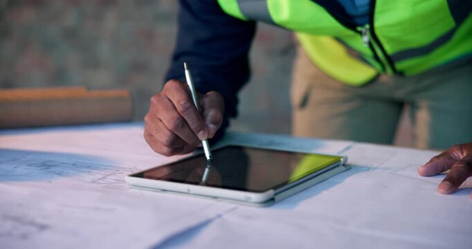 Hands, architect or design with blueprint or tablet for construction planning or building on site. Person, contractor or civil engineer with technology, app or floor layout for architecture project
