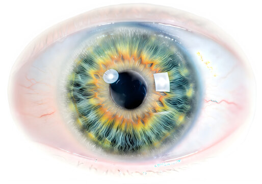 Closeup of a human eye with a unique iris pattern isolated on transparent background