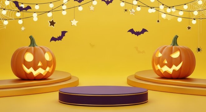 Halloween product display podium with jackolanterns and string lights on a yellow background