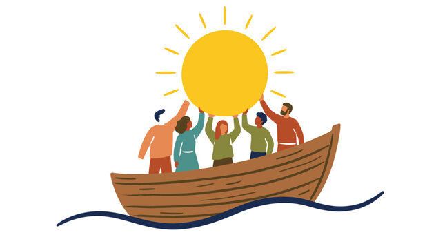 Diverse group in boat holding sun, conceptualizing unity, hope, and collective teamwork.