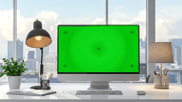 Modern office desk with a green screen computer monitor and city view