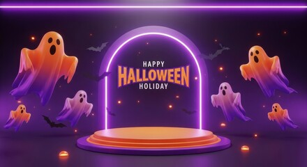Halloween holiday background with ghosts and display podium