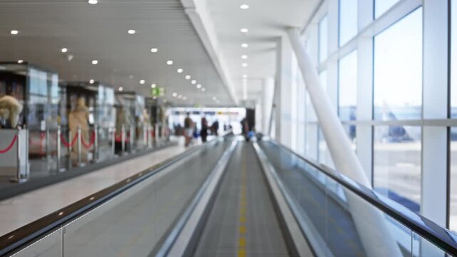 Blurred airport terminal interior with shallow bokeh and defocused moving walkway, glass facade and soft ceiling lights station; background backplate copyspace calm.