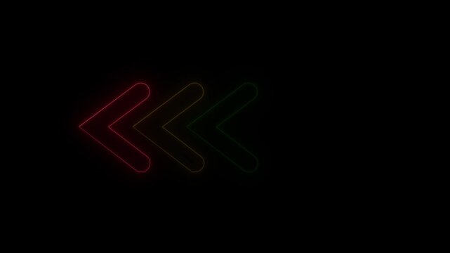 Row of four colorful neon arrows pointing left on a black background direction backward