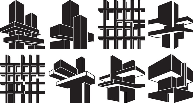 Abstract architectural 3D geometric shapes and modern brutalist building block structures featuring modular grids and intersecting cubist forms vector set