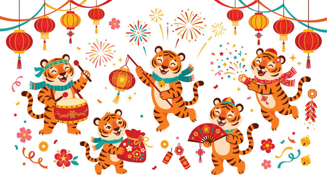 Chinese New Year Tiger Vector Clipart Set with Cute Cartoon Cubs Celebrating Lunar Festival with Red Lanterns, Fireworks, Drums, and Traditional Decorations