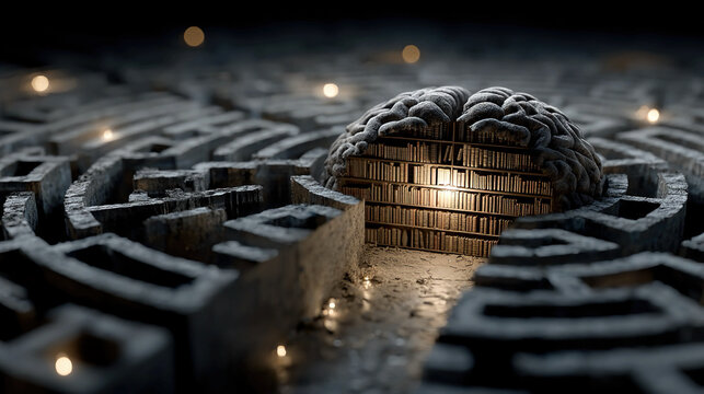 Complex maze shaped like human brain with books at its core conceptual problem solving critical thinking and intellectual challenge in education system abstract visualization