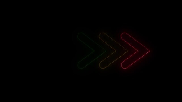 Row of four colorful neon arrows pointing right on a black background direction forward