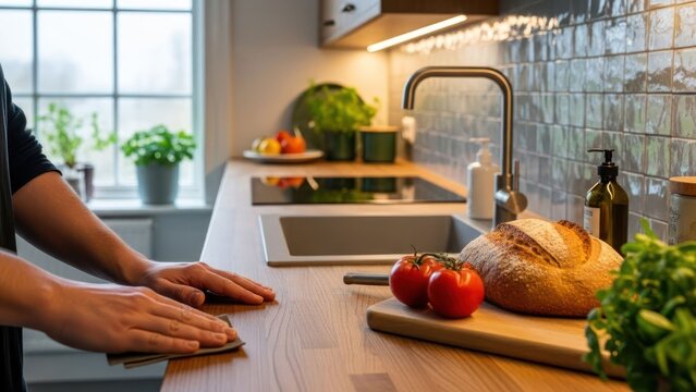Cozinha moderna, m?os limpando bancada