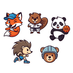 Fototapeta premium Cute Cartoon Animals Set: Fox, Beaver, Panda, Hedgehog, Bear - Sports & Fun Characters