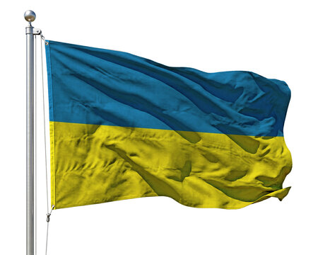 Ukraine national flag waving on a flagpole against a plain background.
