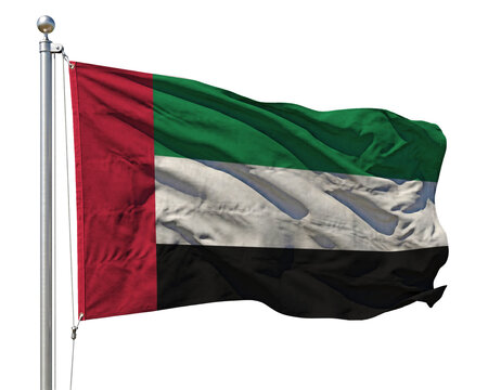 United Arab Emirates national flag waving on a flagpole against a plain background.