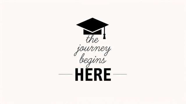 Inspirational Graduation Quote The Journey Begins Here with Mortarboard Icon; Minimalist Black and White Typography Design for Education, Commencement, and New Beginnings