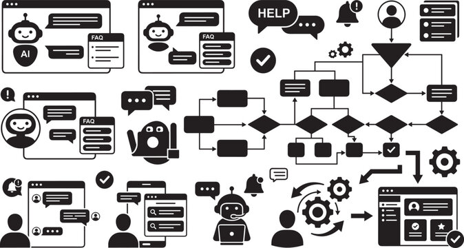 AI chatbot icon set with online help assistant automated chat interfaces FAQ menus system flowcharts and customer support vector elements