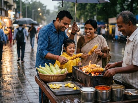 Indian Family Purchasing Fresh Street Food from Local Vendor During Monsoon Evening Market Experience Featuring Traditional Cuisine, Community Interaction and Urban Food Culture