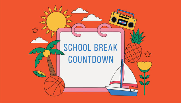 Colorful summer school break countdown calendar with cute tropical icons