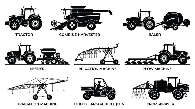 Collection of black agricultural machine silhouettes including tractors and harvesters.