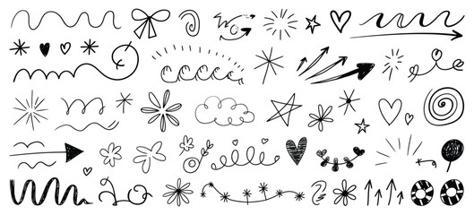 Obraz premium Kids Line Doodle Scribble Vector, Playful Hand Drawn Stars, Arrows, Flowers, Hearts, Waves, Spirals, Rainbow, and Sun Design Elements