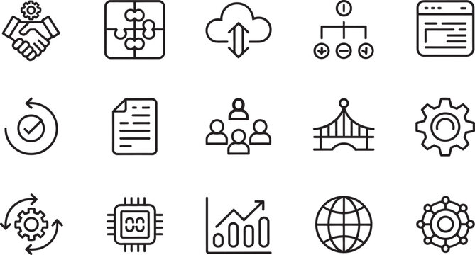 Business integration line icon set with workflow and network symbols isolated vector collection featuring data flow, communication channels and operational connectivity for modern business solutions.