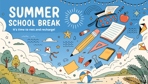 Colorful hand drawn summer school break poster with stationery supplies illustration