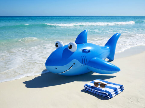 Blue shark inflatable toy on white sand beach near turquoise ocean water under clear sky with striped towel and sunglasses on sunny summer day represents fun vacation travel tropical escape.