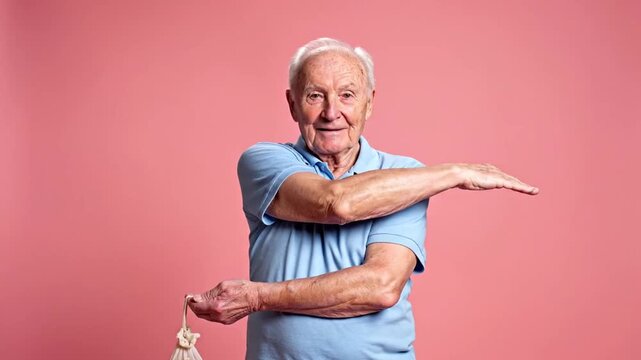 Active senior man stretching his arms during workout on pink background.