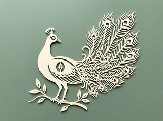 Fototapeta premium Intricate Paper Cut Peacock With Detailed Feather Pattern Against Green Background