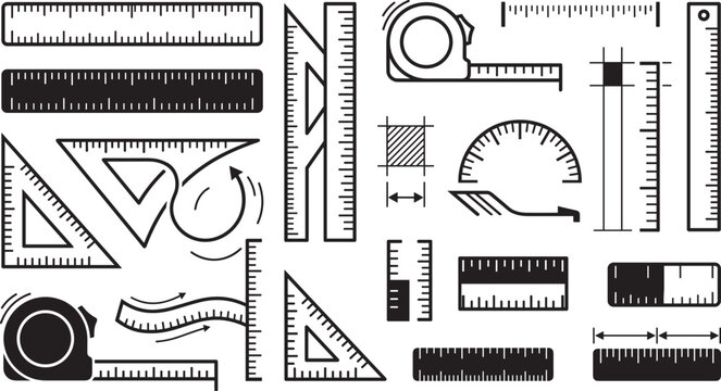 Technical ruler icon set with measuring tape drafting triangles mathematical scales protractors and blueprint dimension vector lines elements collection
