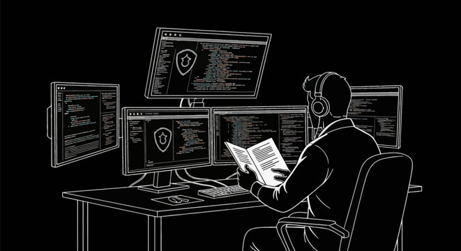 Minimalist line art vector of a cyber security expert sitting at a desk with multiple monitors displaying code and shield icons, wearing headphones and reading a manual.